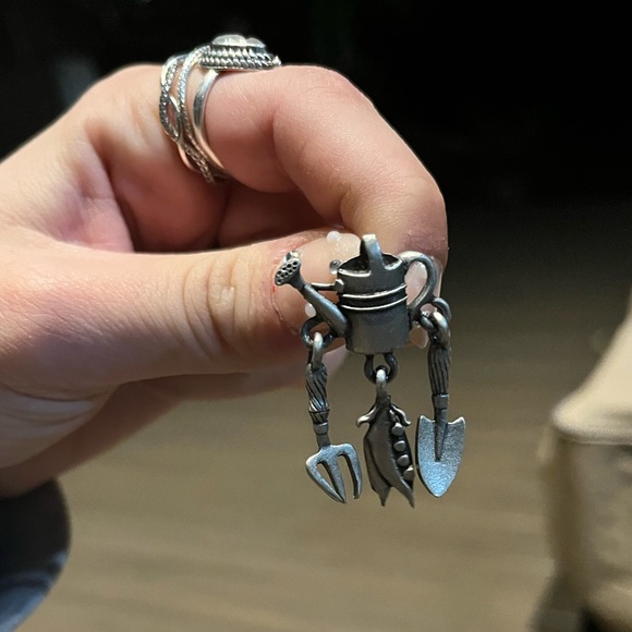 Vintage Signed JJ Pewter Watering Can Dangled Flower Brooch Pin Fork Shovel Corn - Picture 6 of 7